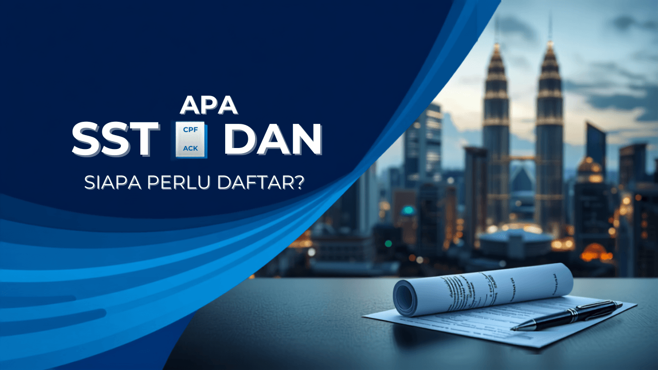 Ilustrasi ikon peratusan SST dan borang pendaftaran dengan latar bandar raya Kuala Lumpur
