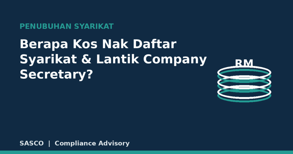 Ikon syiling RM mewakili anggaran kos pendaftaran syarikat Sdn Bhd dan pelantikan company secretary di Malaysia
