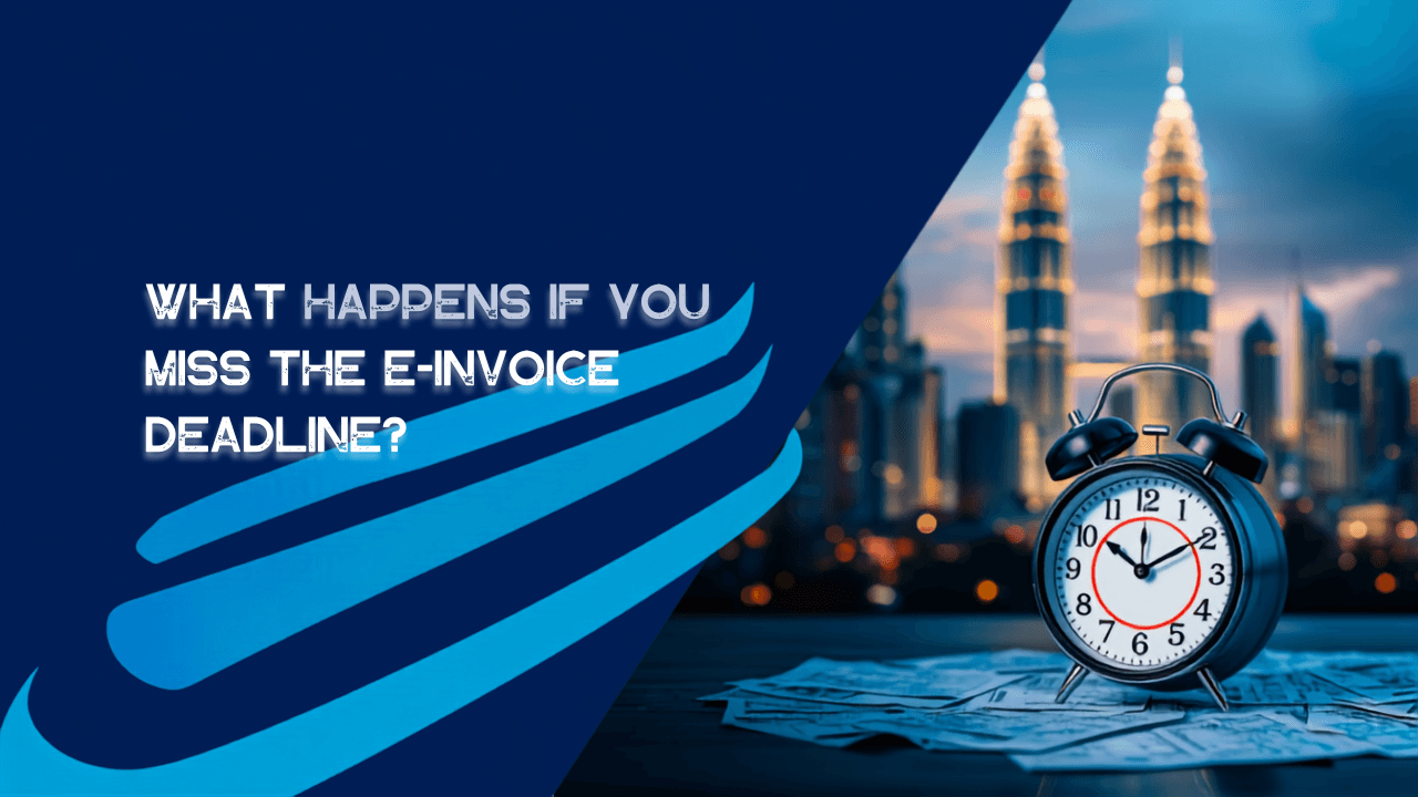 Illustration of a missed e-Invoice deadline with alarm clock and Kuala Lumpur skyline backdrop