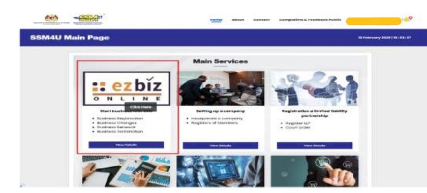 Pilih servis ezBiz Online di muka utama SSM4U dan klik GO TO EZBIZ