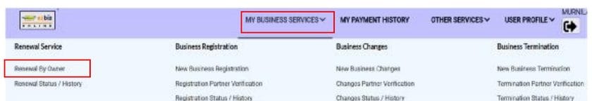Menu My Business Services - Renewal by Owners dalam ezBiz