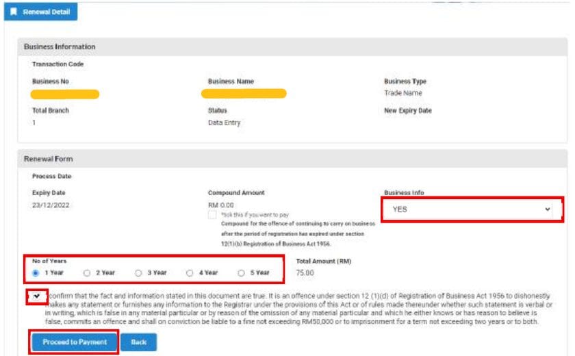 Borang Renewal Detail - pilih tempoh dan deklarasi sebelum bayaran