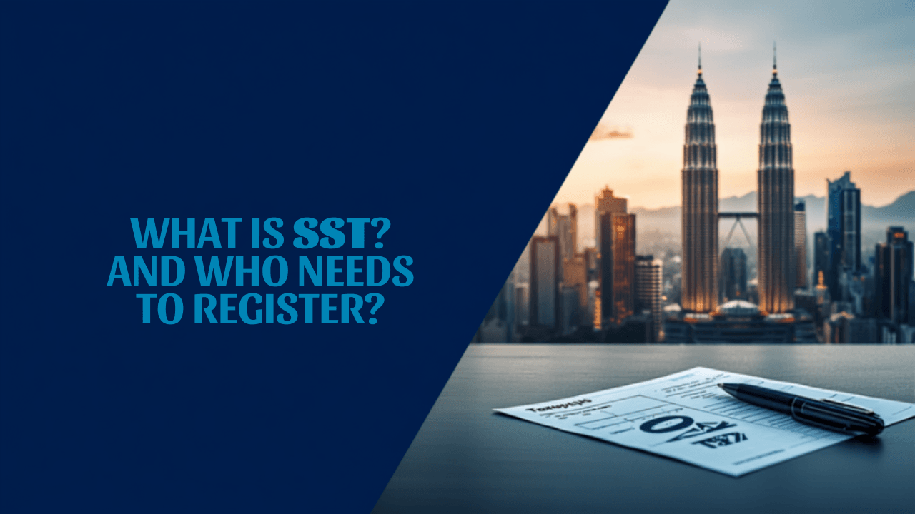 Illustration of SST percentage icon and registration form with Kuala Lumpur skyline backdrop